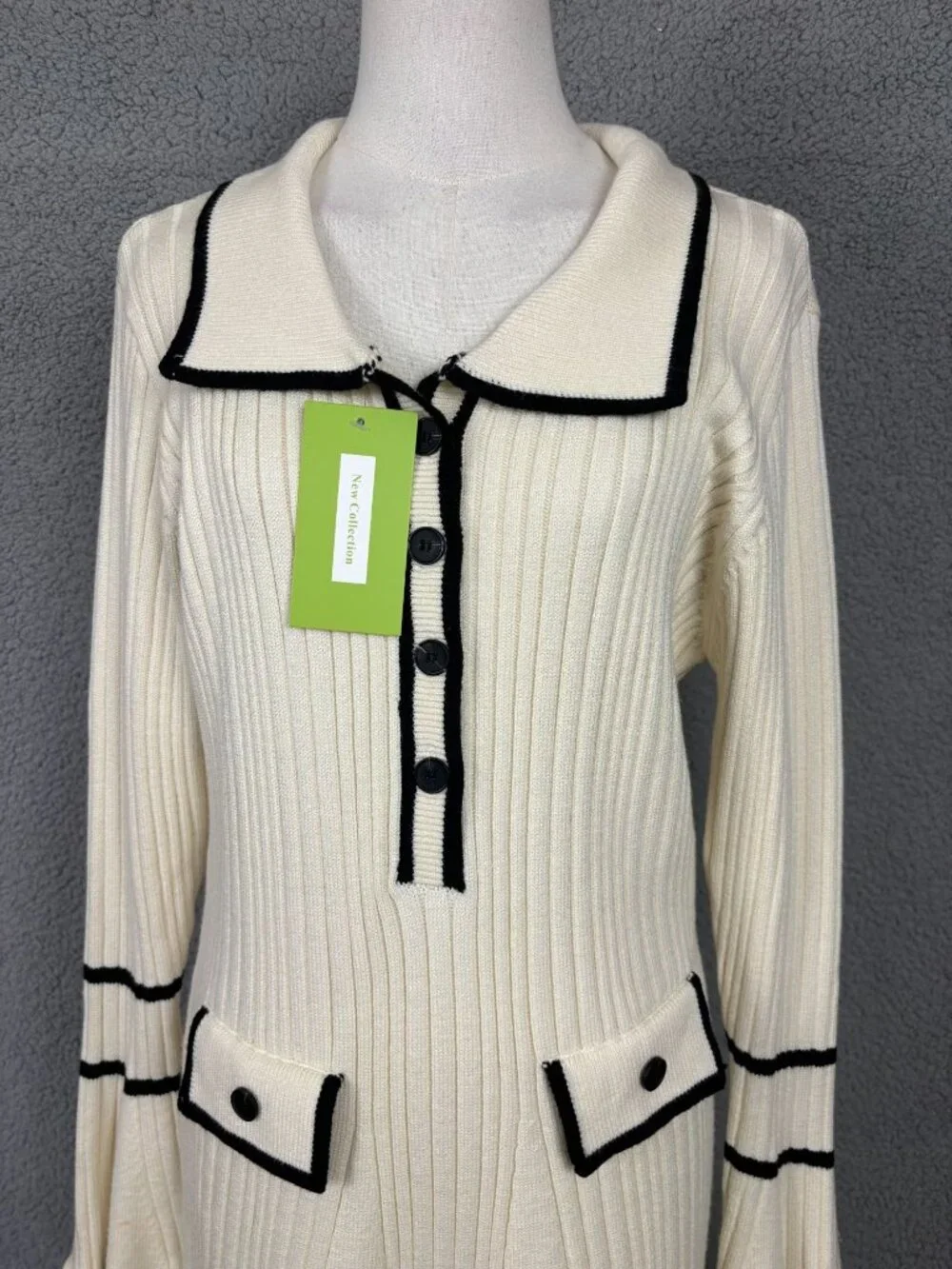 Women's Ribbed Knit Sweater Mini Dress Cream -Black Trim -Size XL New With Tags. - Picture 2 of 8